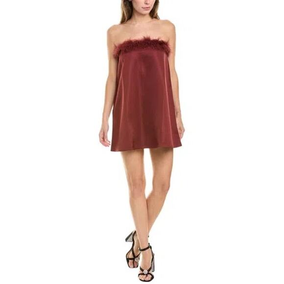 WeWoreWhat Dresses & Skirts - WeWoreWhat Maroon Brown Strapless Ostrich Feather Trim Satin Mini Dress Size 0
